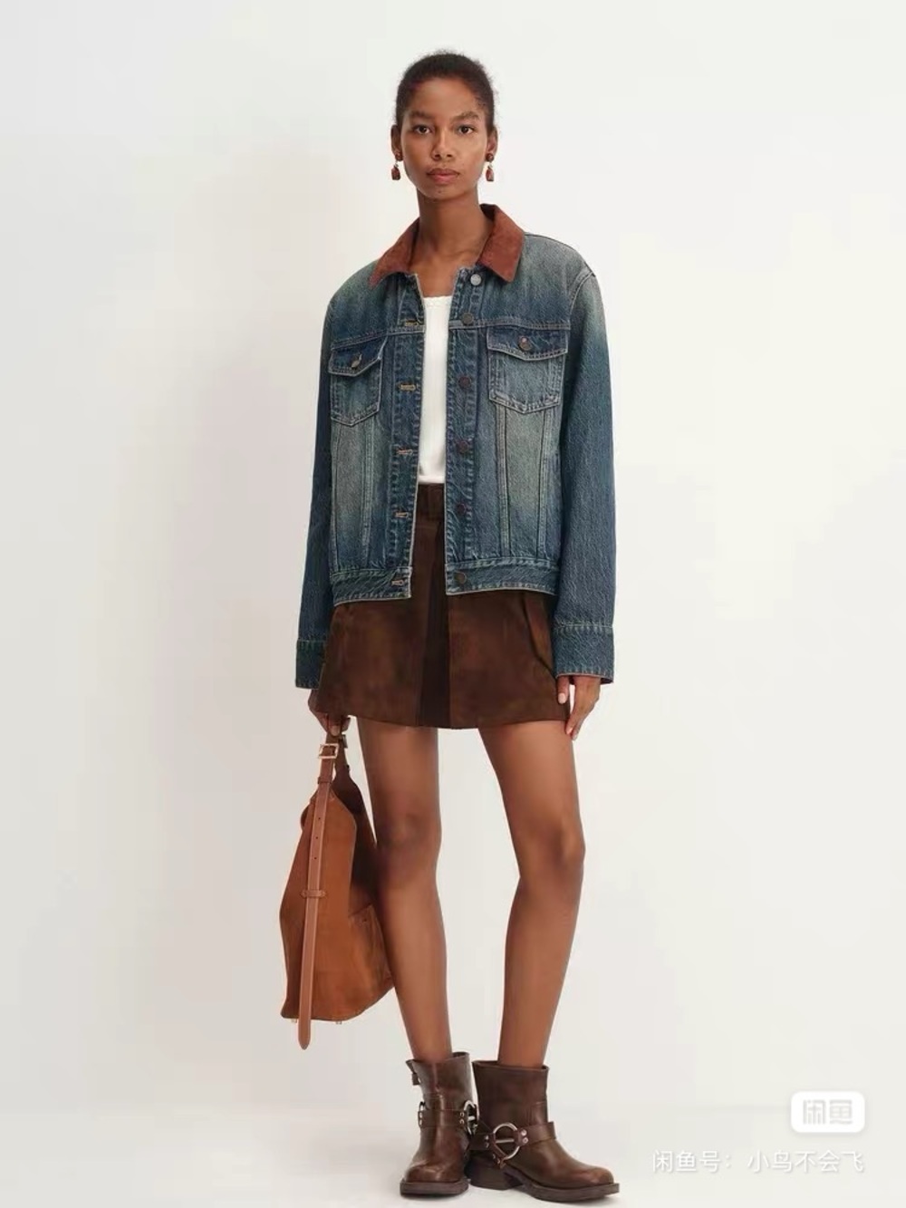 Fabrique Women's Blue Denim Jacket with Brown Corduroy Collar